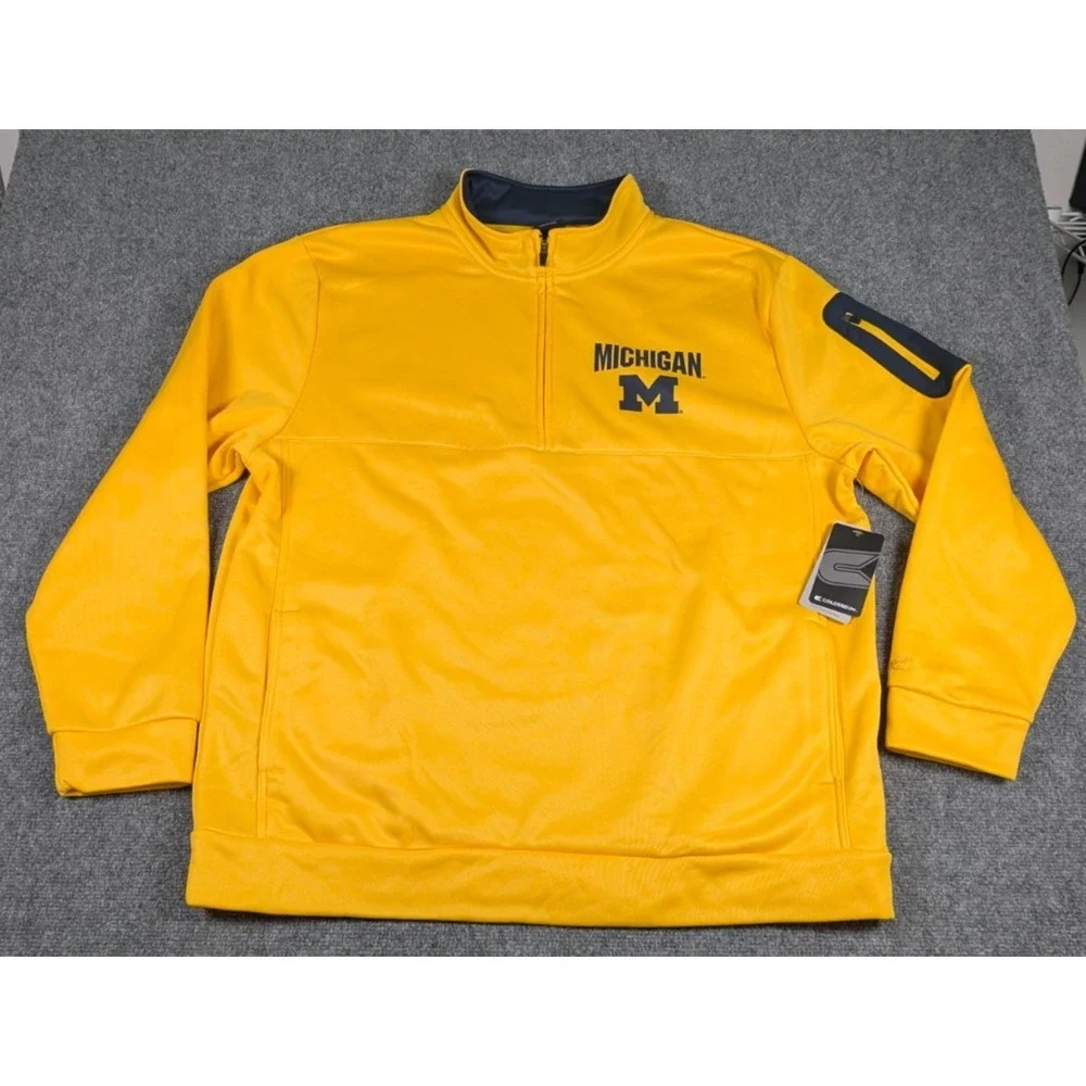Michigan Wolverines 1/4 Zip Fleece Sweater Mens 2XL Yellow Colosseum GO BLUE NWT - Picture 2 of 7